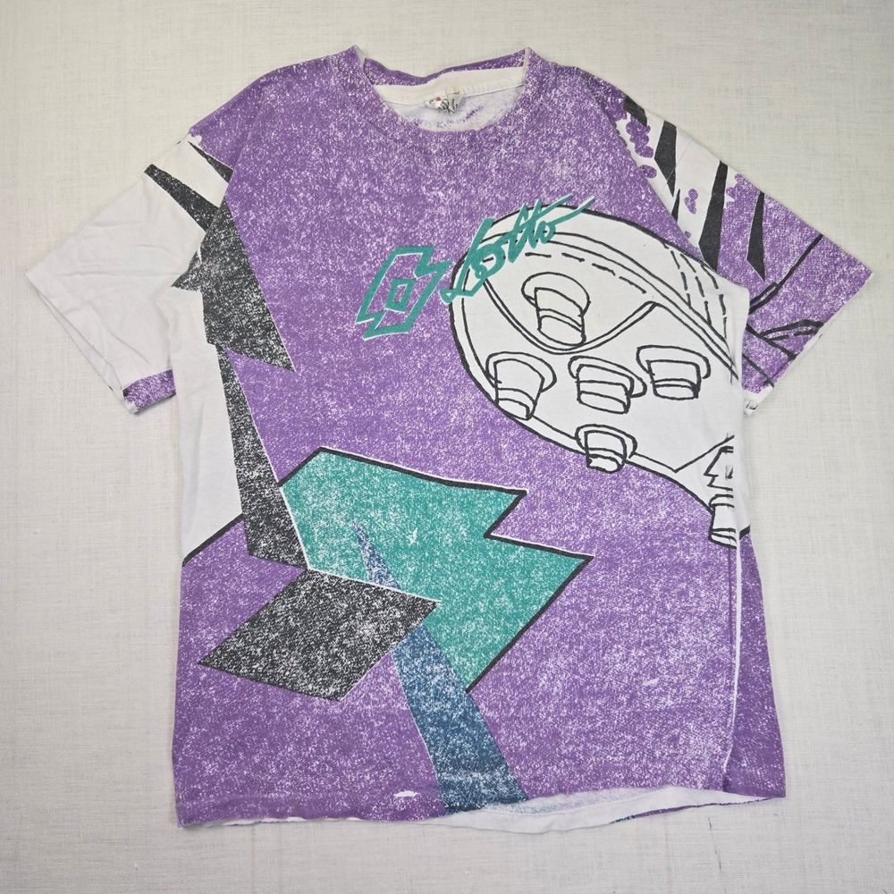 VTG LOTTO Soccer AOP T-Shirt L Men's Purple All Over Print Single Stitch USA EUC